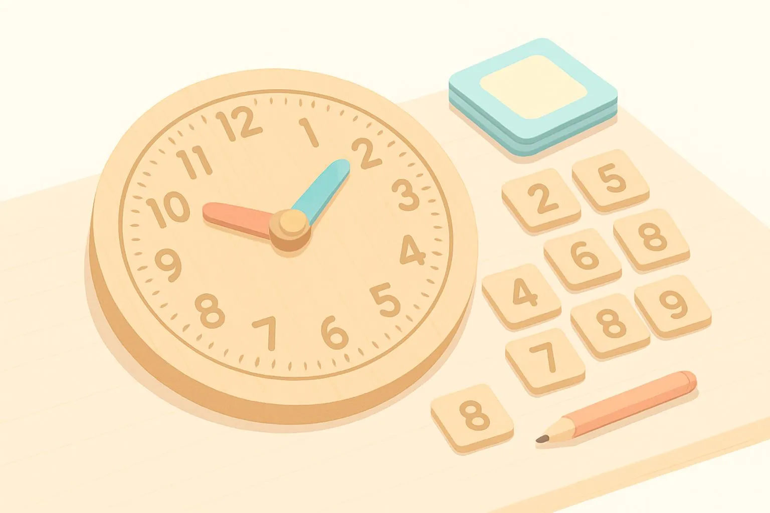 Wooden Montessori teaching clock with removable number tiles and movable hands