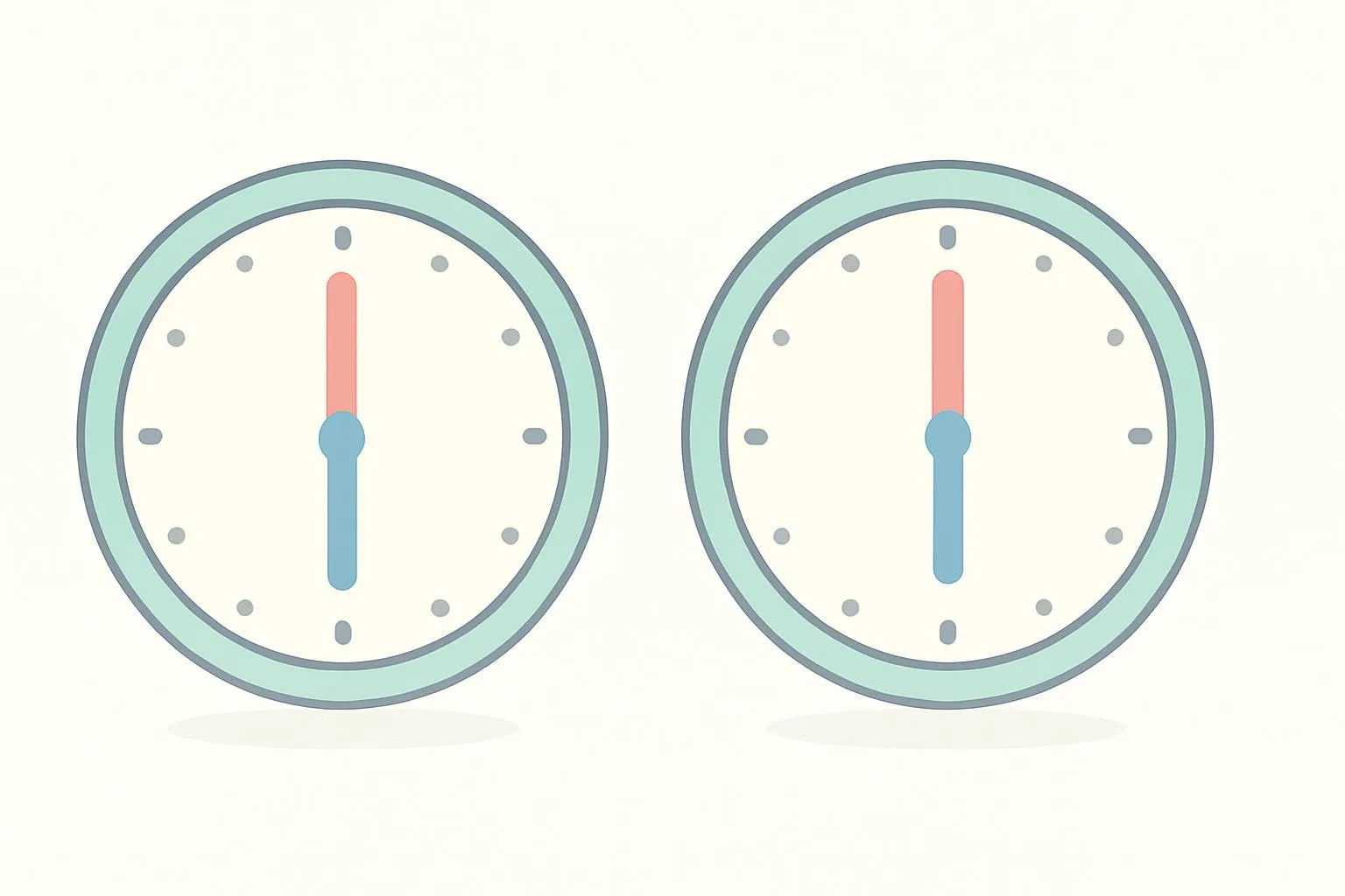 Two clocks side by side showing a common mistake where hour and minute hands are swapped