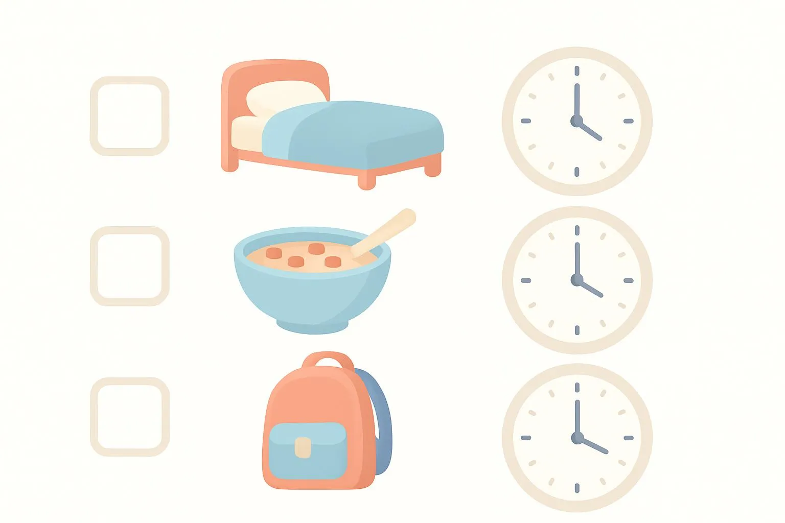 Morning routine checklist for kids with small clock faces showing wake up, breakfast, and school times