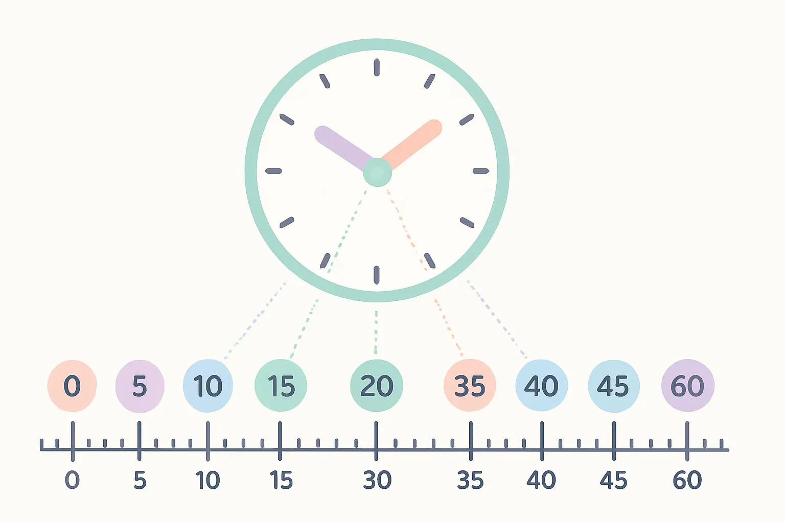 Number line from 0 to 60 with every 5th number highlighted, connected to a clock face