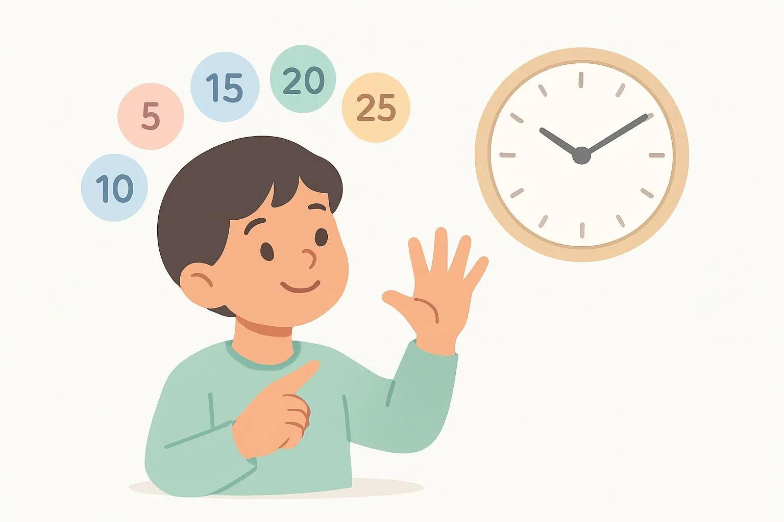 Child counting by fives on their fingers while looking at a clock