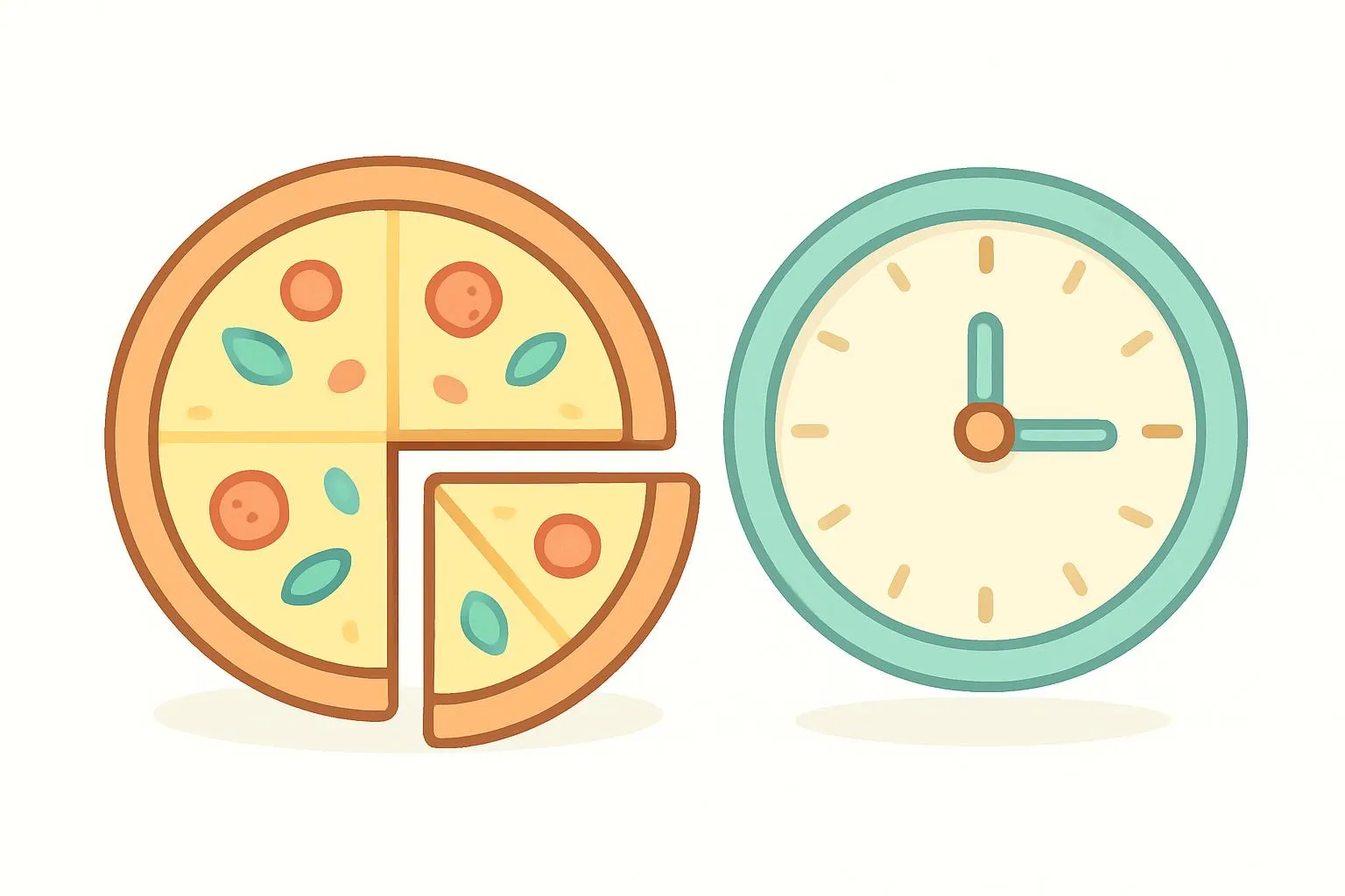Pizza cut into four equal slices next to a clock showing quarter past, visual fraction connection