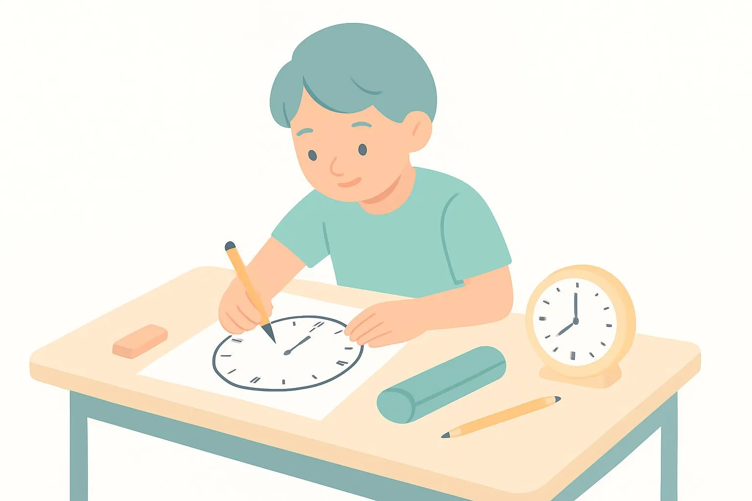 Student carefully drawing clock hands on a worksheet with a real clock nearby for reference