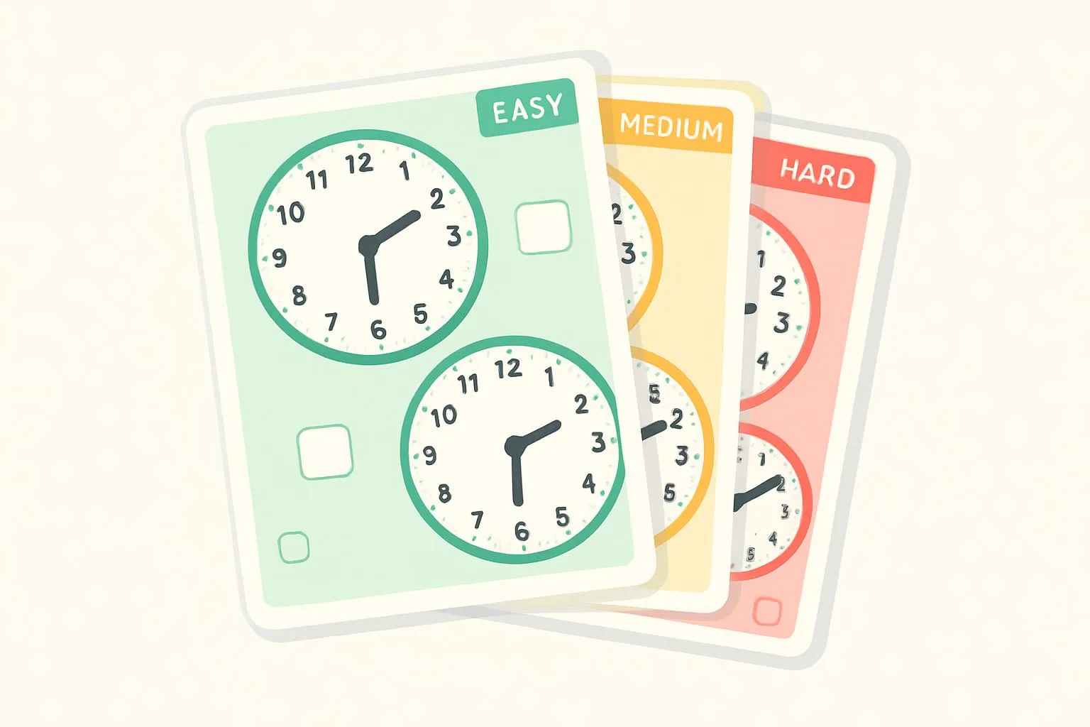 Stack of differentiated clock worksheets with different difficulty levels, color-coded